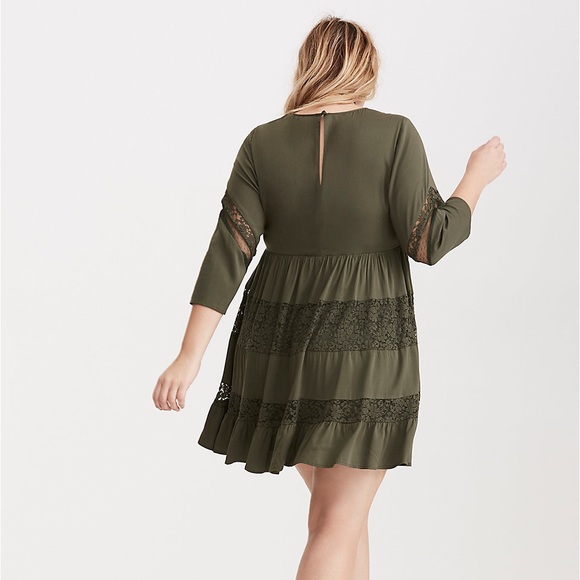 Torrid Lace Inset Challis Dress Women’s Plus 1X Olive Green - Picture 2 of 9